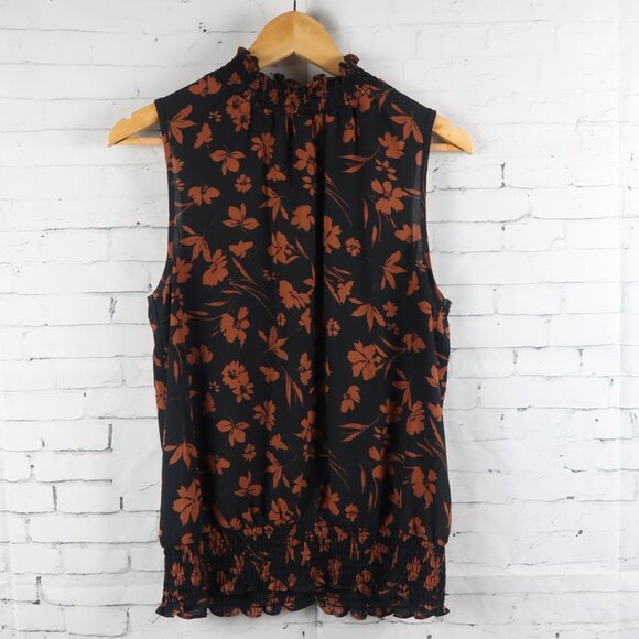 SIENNA SKY BLACK WITH BROWN FLORAL PRINT SLEEVELESS RUFFLE HEM TOP SIZE MEDIUM - Picture 1 of 7